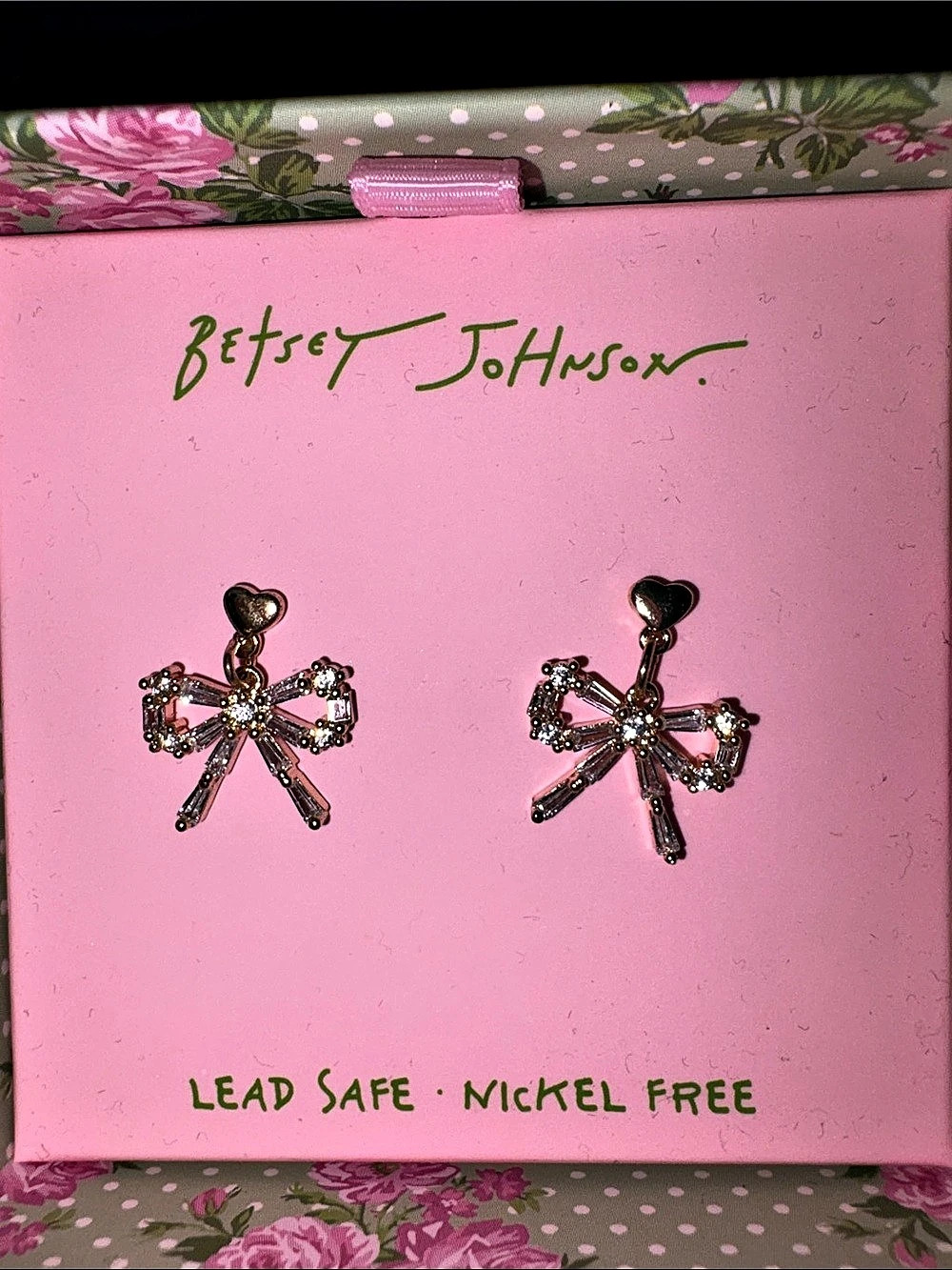 Betsey Johnson Gold-Tone Crystal Bow Stud Earrings with Heart Post Pink & Gold